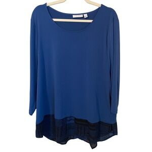 Susan Graver XL Liquid Knit 3/4 Sleeve Printed Layered Hem Tunic Top Blue